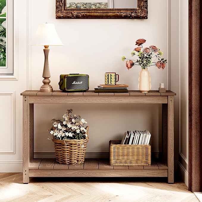 Outdoor Console Table, 48" Weather Resistant HIPS Patio Side Table, 440LBS Weight Capacity, 2-Tier Multifunctional Buffet Bar Storage Organizer for Garden Deck, Teak-VerdiqueGarden