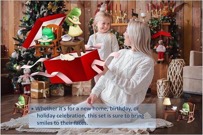 7 Pcs Cute Frog Rocking Chair Set with Miniature Frog Figurines, Mini cat, and Whimsical Trinkets - Versatile Decor for Office, Home, Yard, Patio, and Lawn-VerdiqueGarden