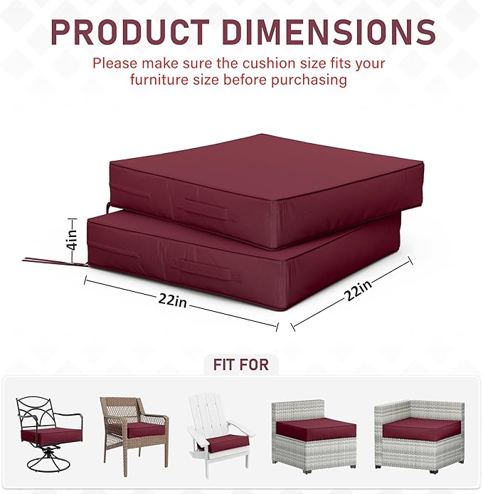 Patio Chair Cushions 22 X 22 X 4 Inch Waterproof Outdoor Seat Cushions for Patio Furniture, Outdoor Sofa Couch Pads with Ties & Handle, Set of 2, Burgundy-VerdiqueGarden