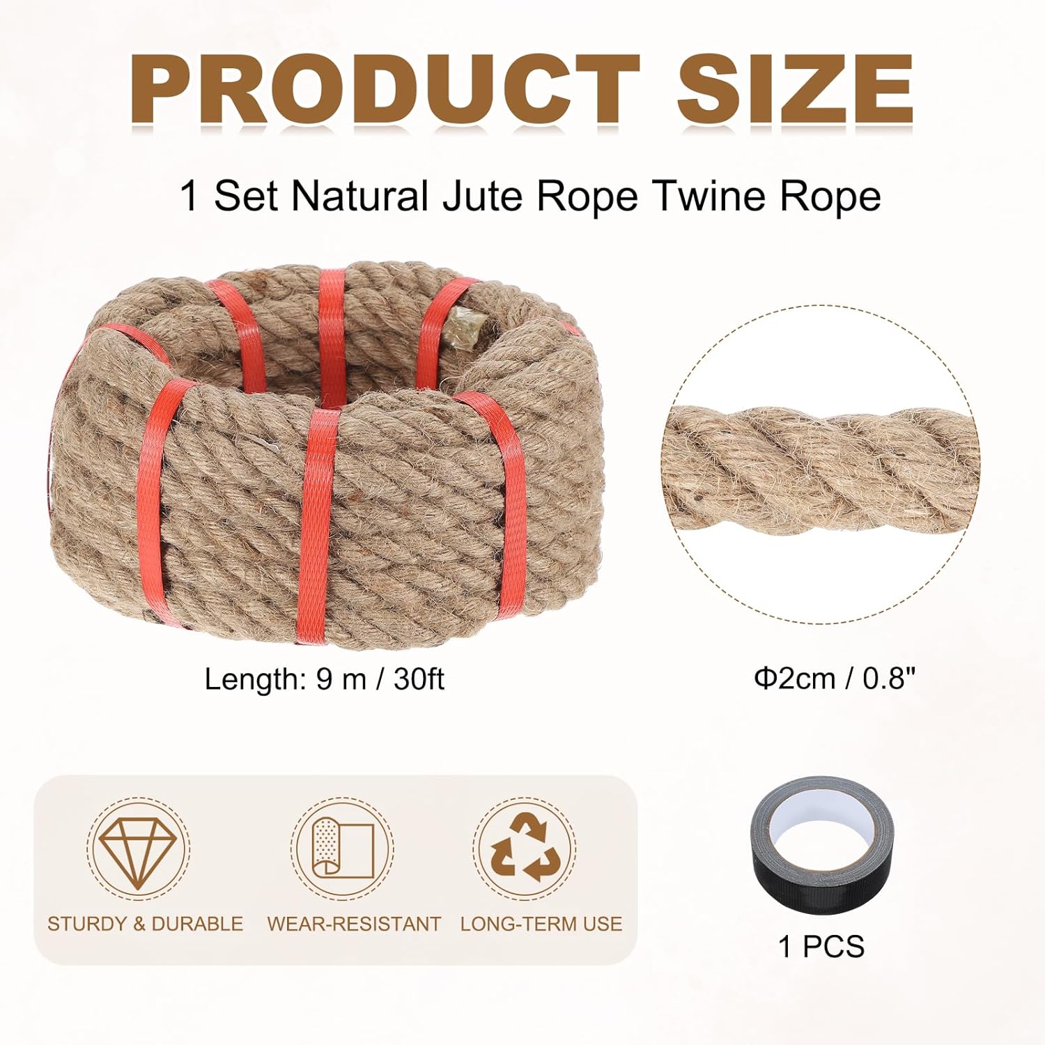 MECCANIXITY Jute Rope 0.8 Inch x 30ft, Thick Twine Rope Ropes Braided Jute Twine Natural Brown Burlap Cord String Heavy Twisted with Tape for Decorative Crafts Railing Swing Tug of War-VerdiqueGarden