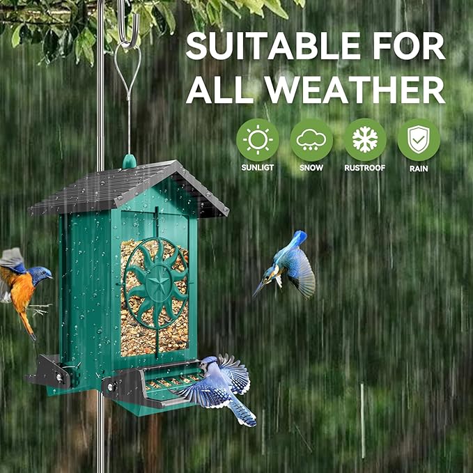 Squirrel Proof Bird Feeders for Outdoors, 5LBS Large Capacity Metal Wild Bird Feeder with Bilateral Weight-Activated Perches, Anti Squirrel Bird Feeders for Outside Finch, Cardinal, Blue Jay (Green)-VerdiqueGarden