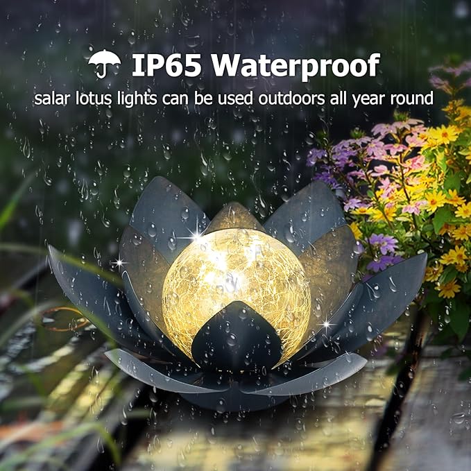 Huaxu Solar Lights Outdoor Garden Decor Crackle Glass Globe Lotus Flower Gray Metal Waterproof Light for Patio, Lawn, Walkway, Tabletop, Ground,Christmas Gifts for Mom,Women-VerdiqueGarden