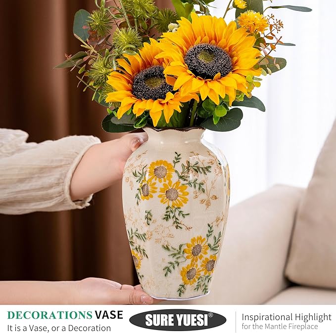 Hand-Painted Sunflower Vintage Ceramic Octagonal Vase, Green Yellow Beige Flower Vases for Bouquet, Fireplace Mantle, Table Centerpieces, Bookshelf, Office, Chinoiserie Floral Home Decorations 9.1 in-VerdiqueGarden