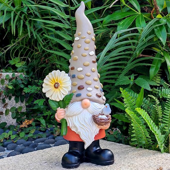 12 Inch Solar Garden Gnome Statue Clearance with Sunflower and Bird's Nest Light – Outdoor High Hat Gnome Sculpture Outdoor Statue for Patio and Garden Decor – Figurine Gift for Gnome Lovers-VerdiqueGarden