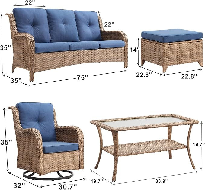 Outdoor Wicker Patio Furniture Set - 6 Piece Rattan Patio Conversation Set with 2 Rocking Swivel Chairs,2 Ottomans,1 Sofa and 1 Coffee Table for Porch Deck Backyard Garden(Yellow/Blue)-VerdiqueGarden