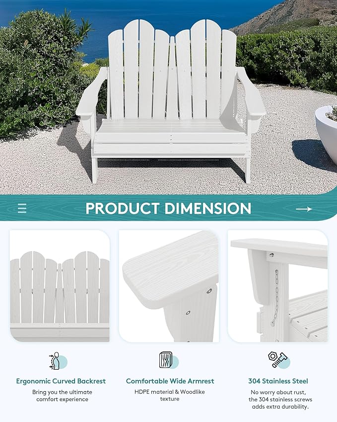 SERWALL Folding Adirondack Bench, HDPE All-Weather Adirondack Loveseat, 660 lbs Capacity, Foldable Outdoor Patio Bench for Deck, Lawn, Garden, White-VerdiqueGarden