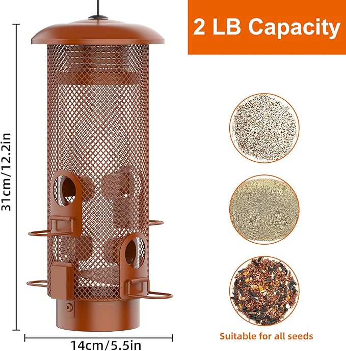 Metal Squirrel Proof Bird Feeder,Bird Feeders for Outdoors,Weight Activated Squirrel Proof Wild Bird Feeders with Finch Cardinal Chickadee,Large Capacity,Weatherproof and Durable,Reddish Brown-VerdiqueGarden