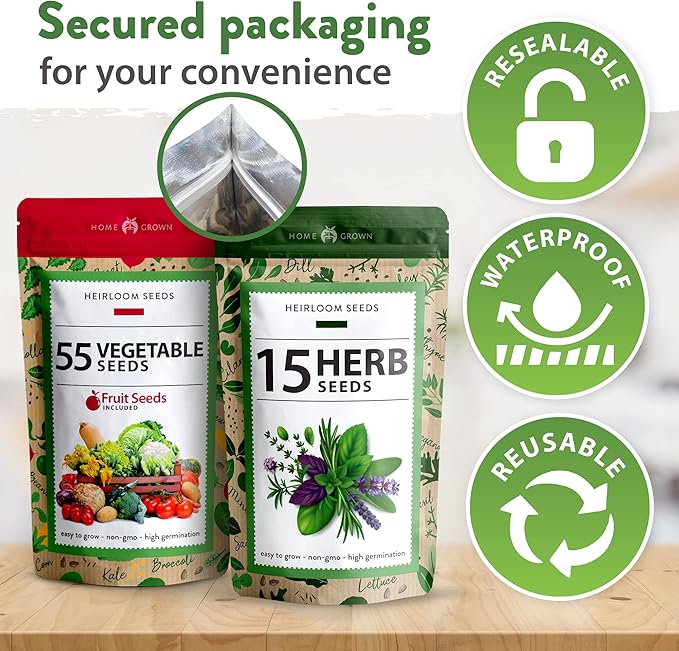 Home Grown 32,000+ Heirloom Seeds for Planting Vegetables and Herbs Bundle: 70 Unique Varieties - 100% Non-GMO Survival Seeds for Planting Indoor or Outdoors-VerdiqueGarden