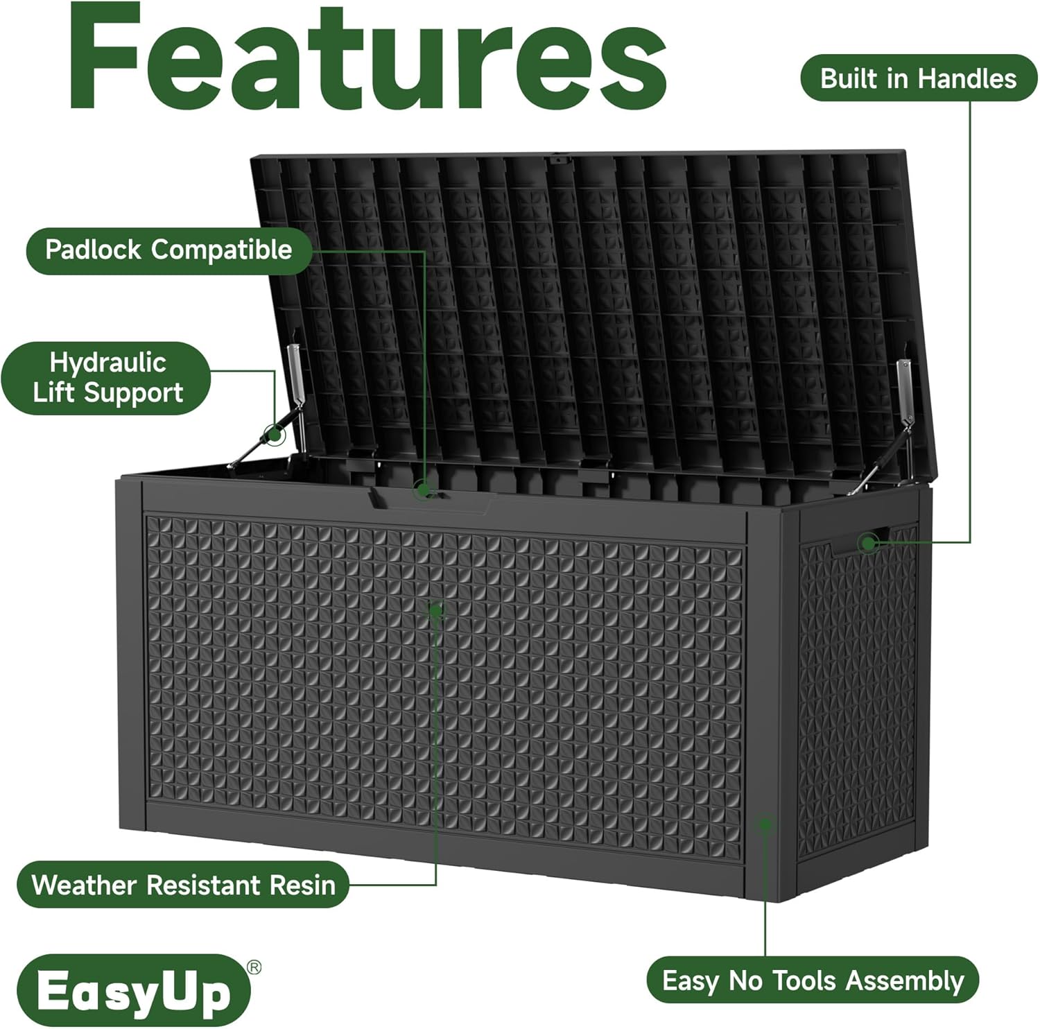 100 Gallon Outdoor Storage Box Waterproof, UV Resistant Resin Deck Box with Hydraulic Rod, Reinforced Stability for Patio, Garden, Quad Leaf Black-VerdiqueGarden