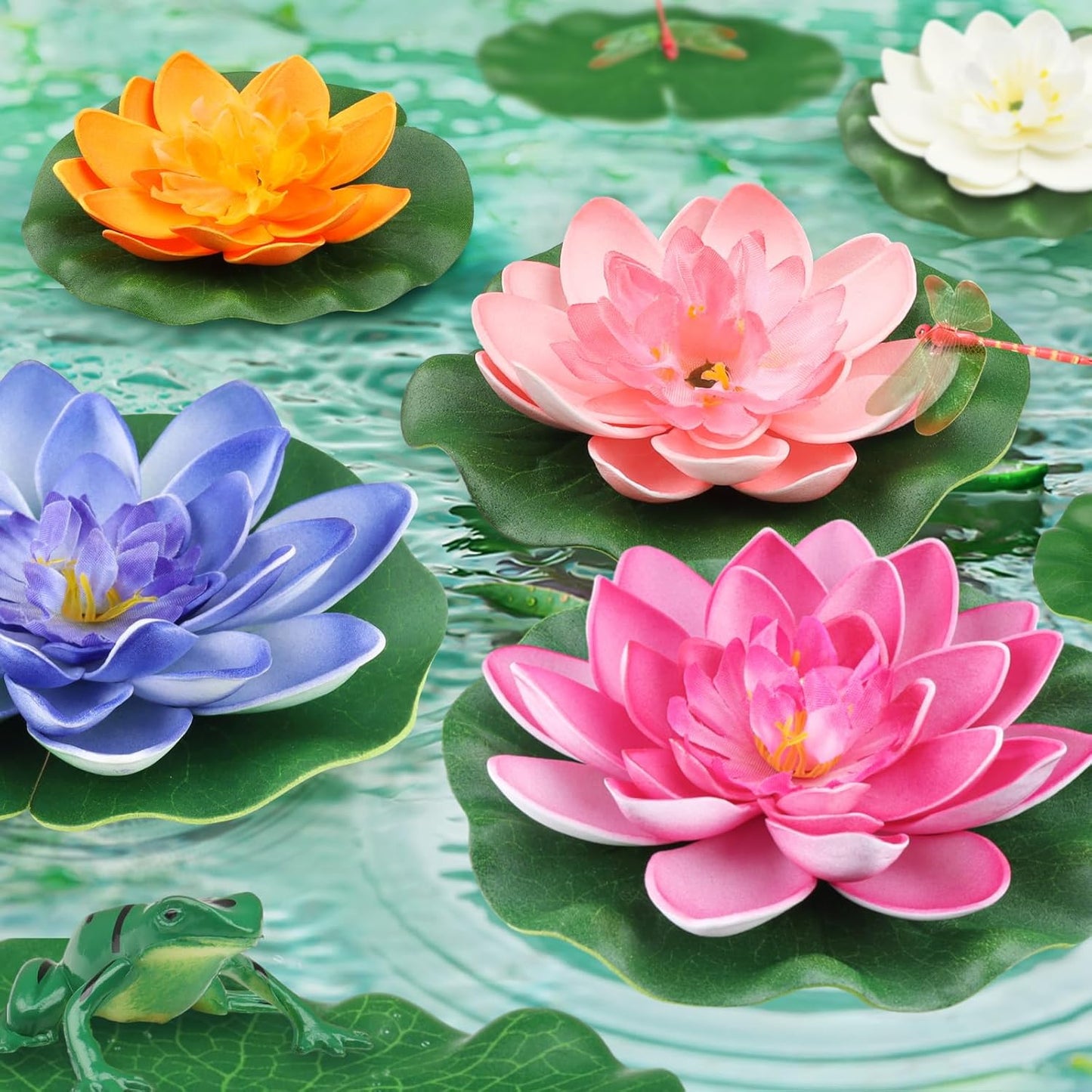 22 Pack Artificial Floating Foam Lotus Flowers with Artificial Frog Lotus Leaves, Lily Pads for Lake, Pond Plants Ornaments for Pool Water Decoration, Colorful-VerdiqueGarden