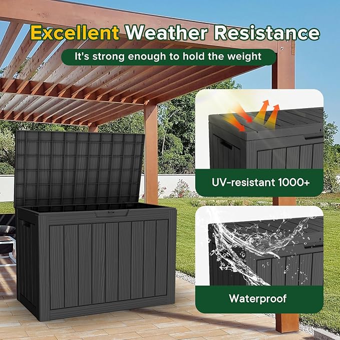 46 Gallon Outdoor Deck Box,Storage Lockable Waterproof Patio Furniture,Garden Tools,Cushions,Pool Accessories Outside Storage Resin Box(Black)-VerdiqueGarden