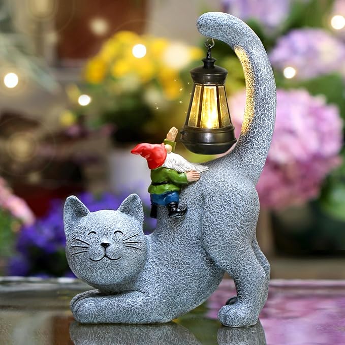 Cat Statue Garden Decor with Funny Gnome Figurine & Solar Lantern, Motherday Gifts for Mom,Birthday Gift for Women,Cat Statues for Garden,Patio,Yard Decoration, Gray, SR-C-003-VerdiqueGarden
