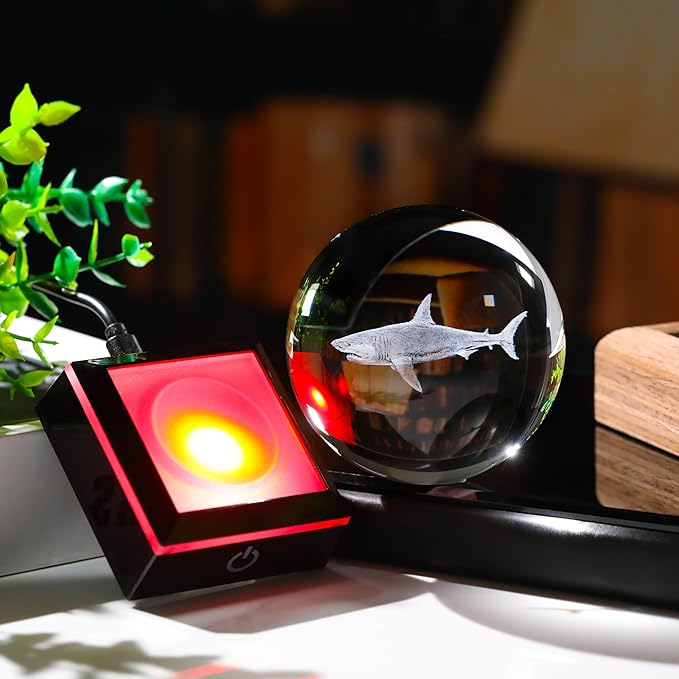 Shark Gifts for Women Men 3D Crystal Ball 3.14'' - Laser Shark Decor Glass Animals Figurines Statue Stuff for Room Night Light Shark Gifts for Mom-VerdiqueGarden