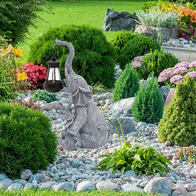 Solar Garden Elephant Statue Outdoor Decor, Cute Elephant Figurines Waterproof Garden Decor with Solar Lantern, Small Elephant Decor for Garden Yard Art Lawn Porch, Garden Gifts for Women (Elephant)-VerdiqueGarden