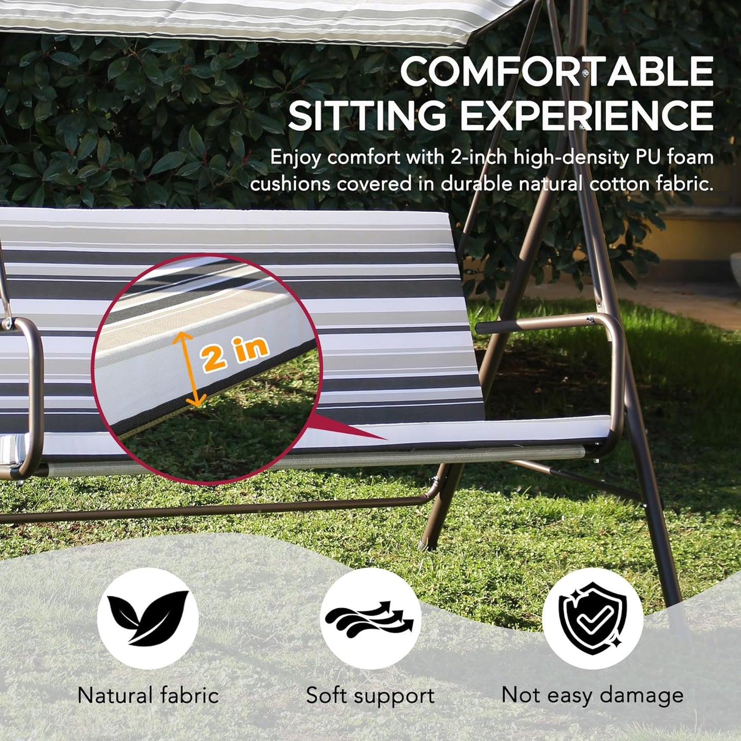 SUNJOY Outdoor Porch Swing, 2 Seat Patio Metal Porch Swing Seats with Adjustable Canopy and Removable Cushion for Garden, Poolside, Backyard, Bronze - Made in Italy-VerdiqueGarden