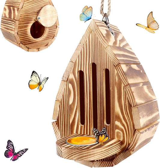 Wooden Butterfly House and Feeder, Hanging Butterfly House for Garden, Natural Butterfly Habitat with Butterfly Puddler for Outside Butterflies, Moths - Backdoor, Easy to Clean-VerdiqueGarden