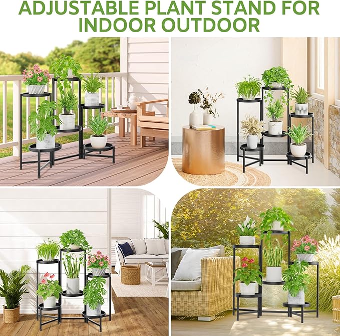 iDavosic.ly 6 Tier Large Plant Stand Indoor with 10 Inch Wide Tray, Tiered Corner Metal Outdoor Flower Display Holder Shelf, Folding Tall Rack for Patio Porch Living Room, Modern Black-VerdiqueGarden