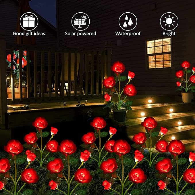 ANGMLN 2 Pack Solar Garden Lights, Solar Flower Lights Outdoor Waterproof with 10 Head Red Rose 7-Color Changing Landscape Light for Pathway Garden Patio Yard Valentine's Day Christmas Decoration-VerdiqueGarden