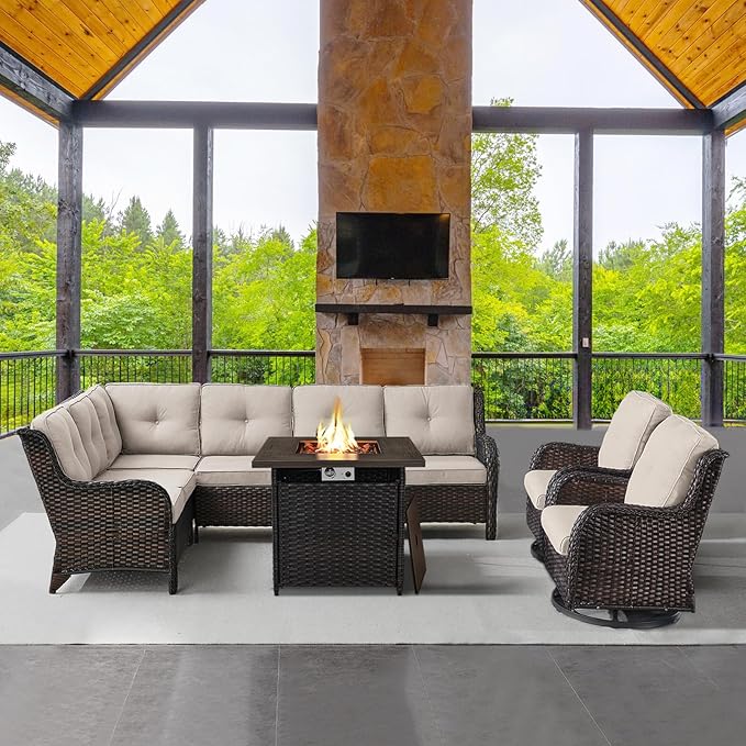 Outdoor Sectional Furniture Sofa Set with Propane Fire Pit Table, Wicker Patio Conversation Set with 2 Swivel Rocker Glider Chairs Beige Cushion Perfect for Backyard Casual Gathering-VerdiqueGarden