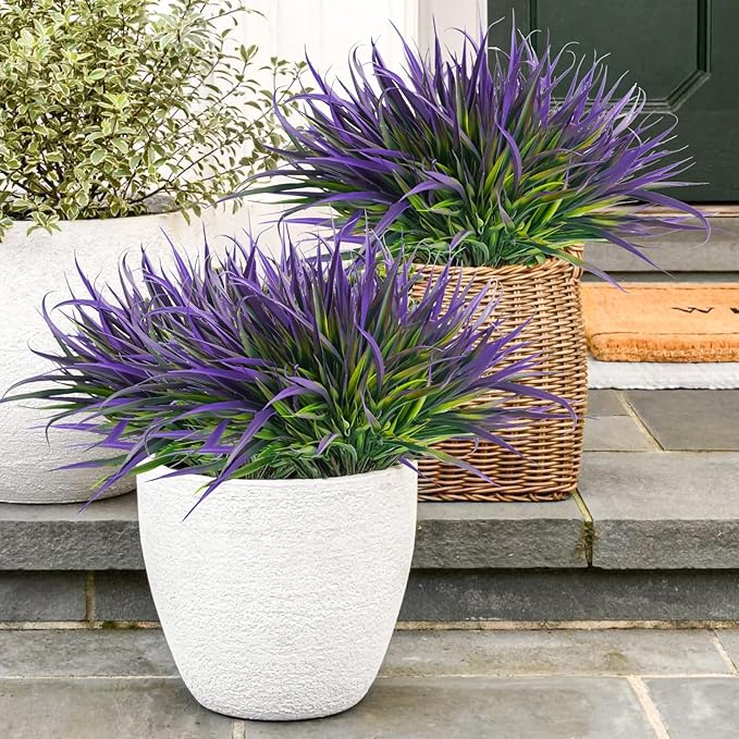 Uieke 28 Bundles Artificial Outdoor Plants UV Resistant Fake Grass Plants Faux Plastic Plants Greenery Shrubs for Home Garden Pathway Window Box Front Porch Cemetery Spring Summer Decor, Purple-VerdiqueGarden