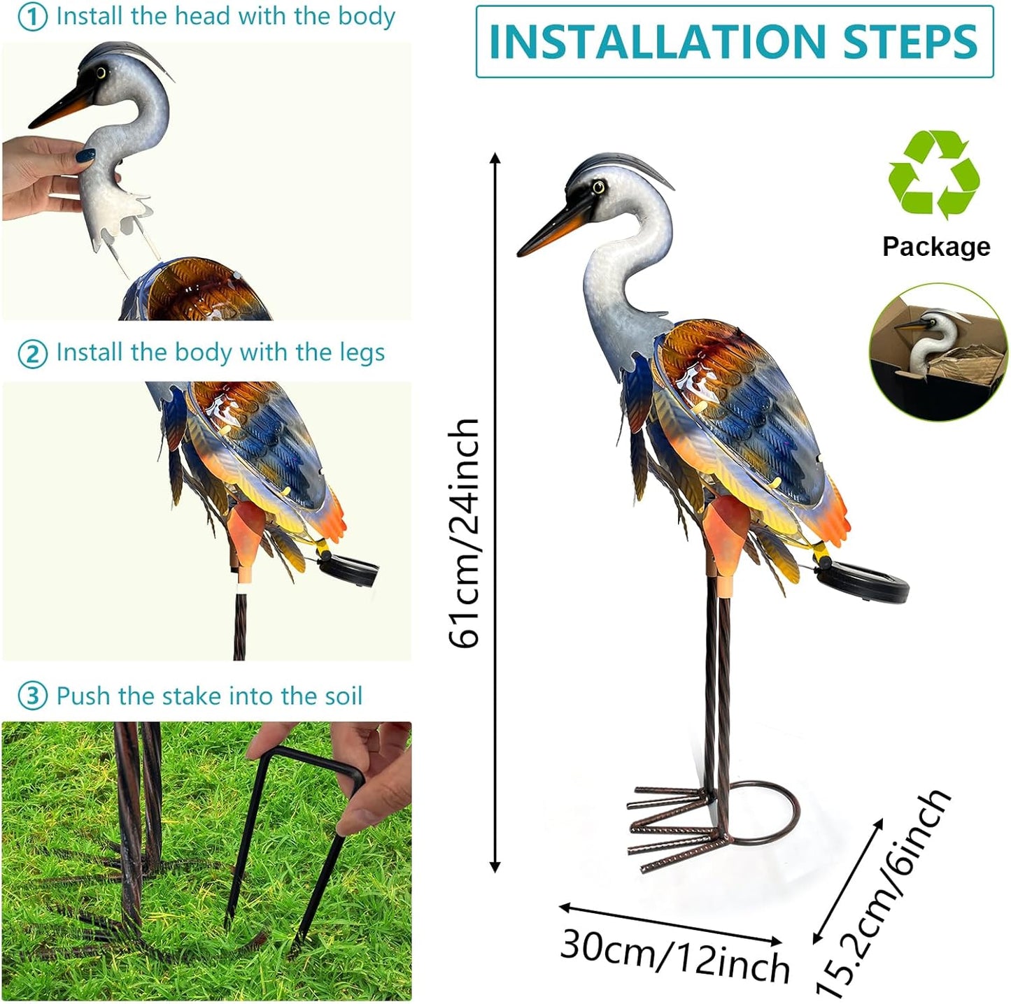 HONGLAND Solar Heron Metal Crane Statue Garden Heron Sculpture, Glass Outdoor Crane Yard Art Coastal Ocean Bird Decor 24 Inch Lawn Ornament for Backyard Porch Patio Decor（Purple）-VerdiqueGarden