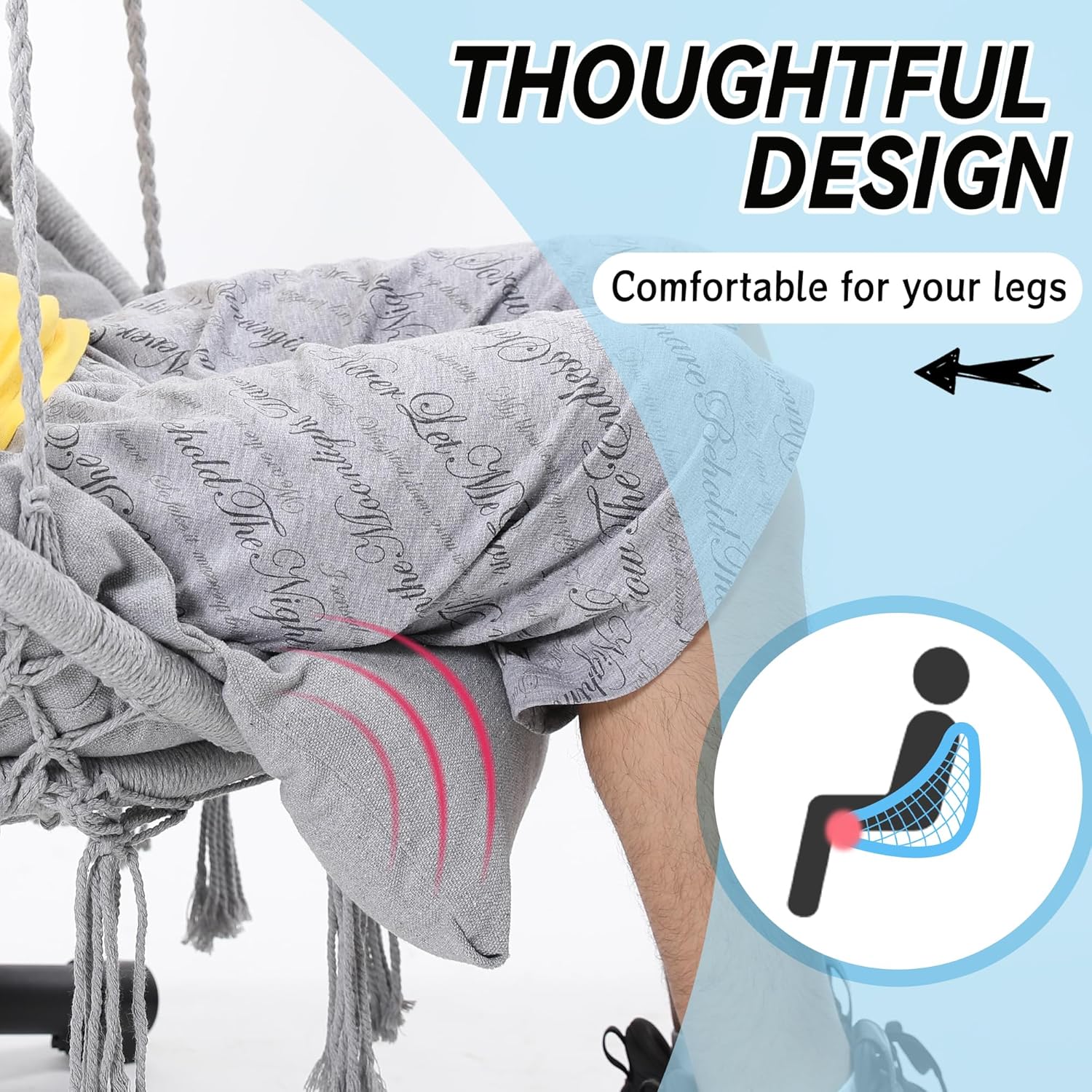 Macrame Hammock Hanging Swinging Chair with Oversized Cushion, Perfect for Bedroom, Porch, Kids, Adults, Balcony, Grey-VerdiqueGarden