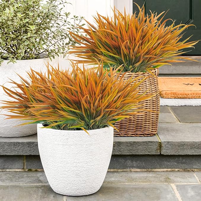 Uieke 12 Bundles Artificial Outdoor Plants UV Resistant Fake Grass Plants Faux Plastic Plants Greenery Shrubs for Home Garden Pathway Window Box Front Porch Cemetery Fall Decor, Autumn Orange-VerdiqueGarden