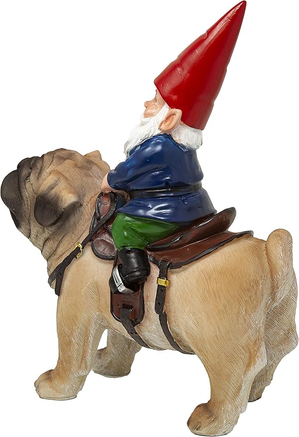 Funny Guy Mugs Garden Gnome Statue - Gnome Riding a Pug - Indoor/Outdoor Garden Gnome Sculpture for Patio, Yard or Lawn-VerdiqueGarden