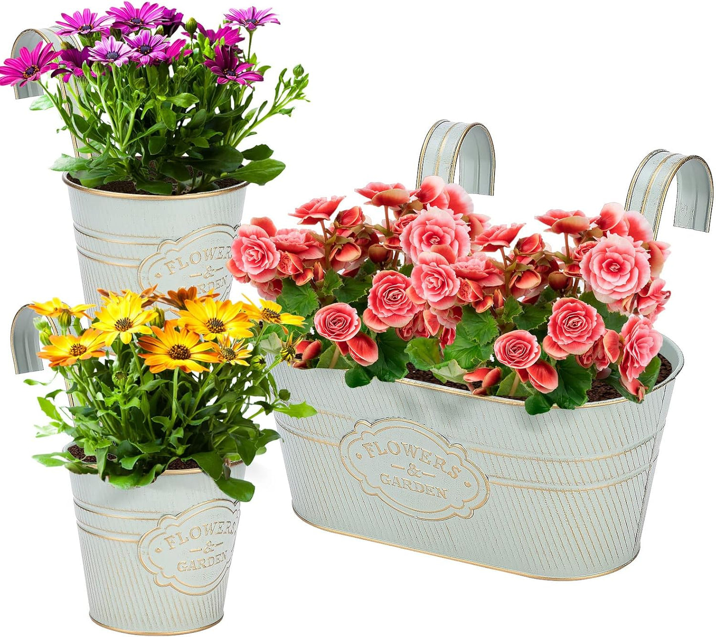 PerGar Vintage Metal Iron Wall Hanging Flower Pots, Rustic Planter Bucket Herb Flower Plant Holder with Detachable Hooks & Drainage Hole for Railing Fence Balcony Deck Garden Home Decoration, Set of 3-VerdiqueGarden