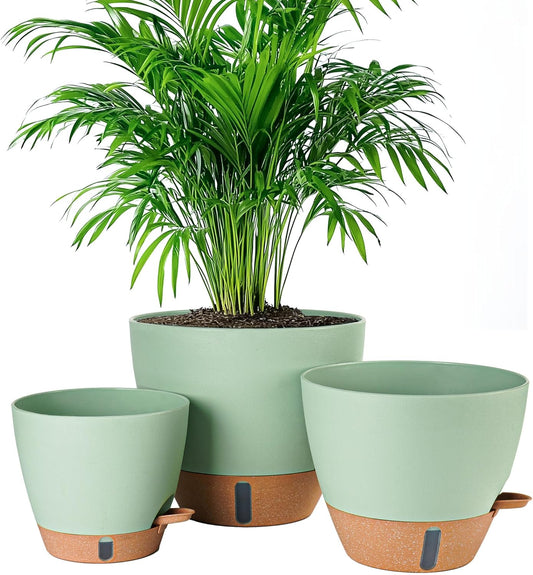 8/10/12 Inch Self Watering Pots for Indoor/Outdoor Plants - Large Plastic Planter with Drainage Holes, Water Level Indicator & Deep Reservoir, Modern Decorative Flower Pots (Green)-VerdiqueGarden