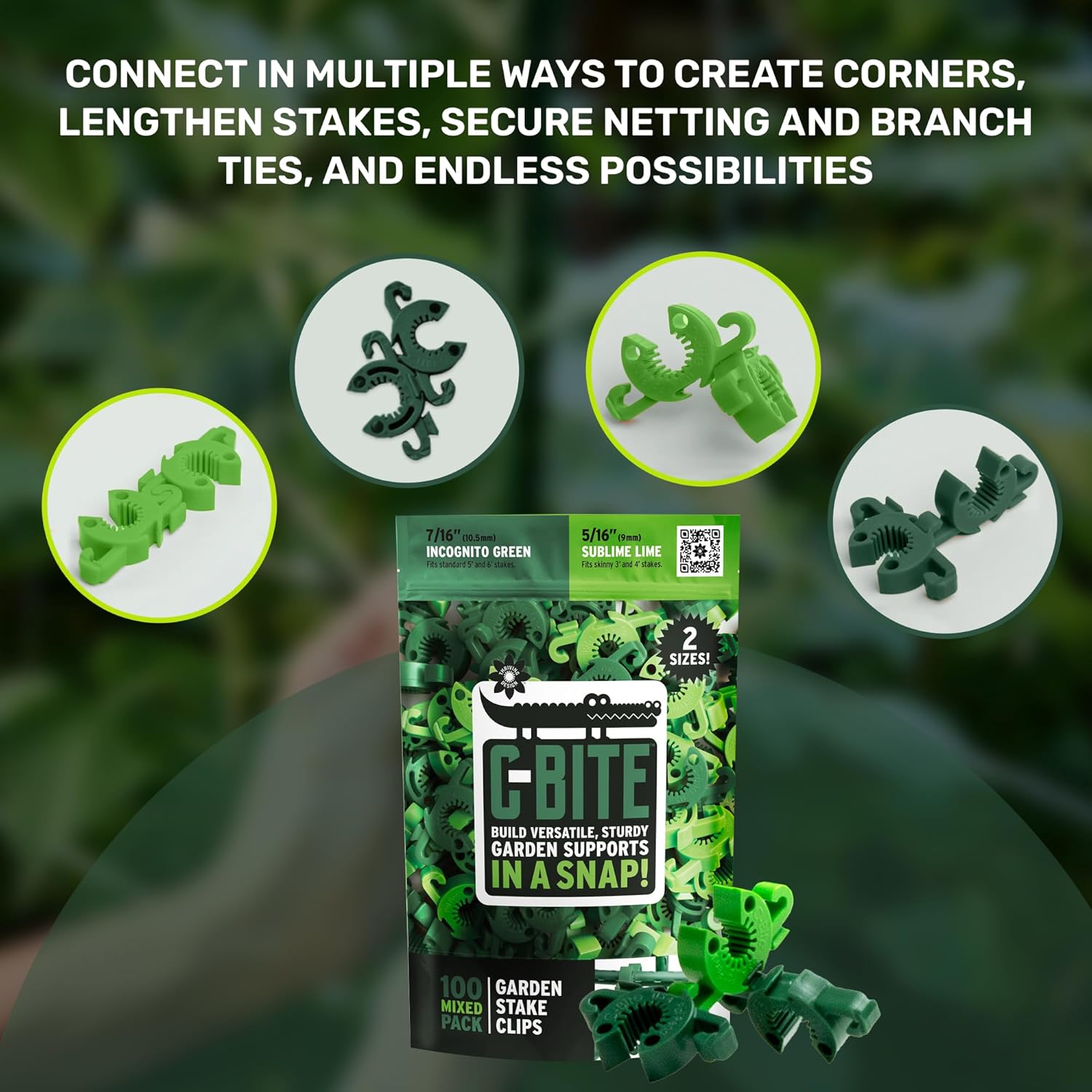 Plant Mixed Color & Size Support Clips | Tomato Cage Connectors for Trellis, Garden Stakes, Wire Fence, Climbing Plants, Vine, Gardening Protection | 50 Lime (5/16") + 50 Green (7/16")-VerdiqueGarden