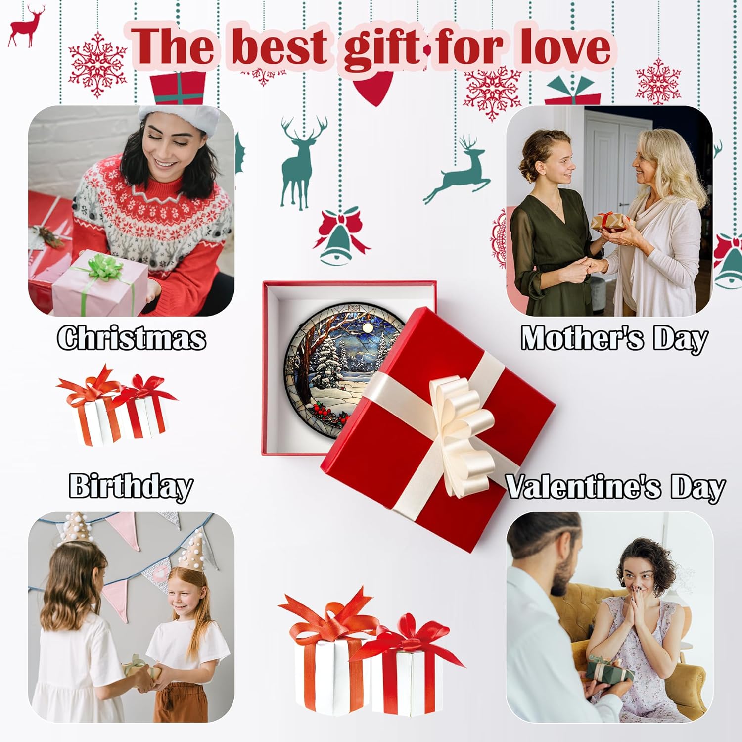 Stained Glass Window Hanging Christmas Tree Winter Snow Night Scenery Large 14.9" - Suncatcher Door Garden Kitchen Sun Catcher Home Decor Birthday for Mom Men Woman Friend-VerdiqueGarden