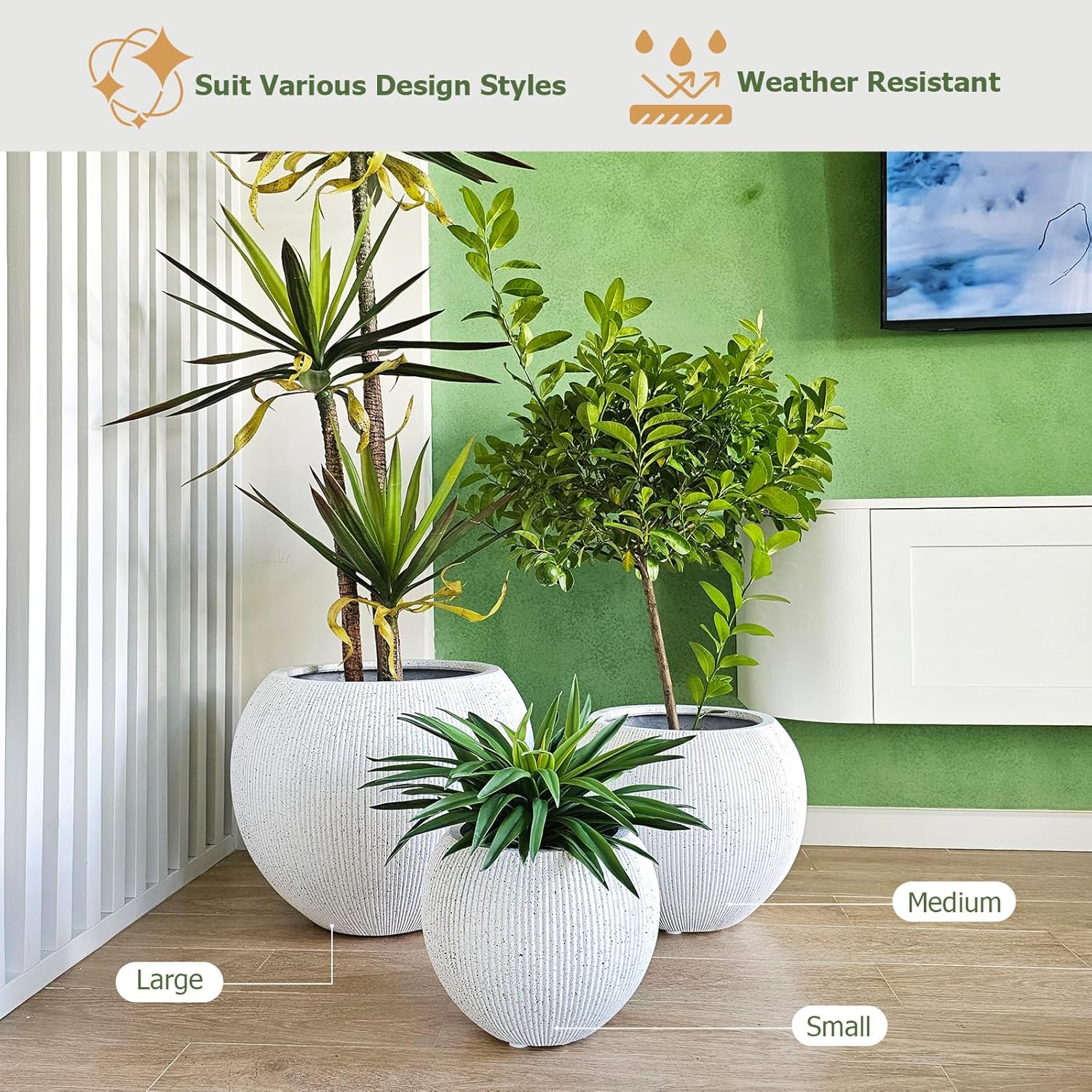 16"H x 20"D Globo Fiberstone Round Planter with Drainage Hole, Weather Resistant, Ribbed Finish, Planters for Indoor Plants & Outdoor, 2 Extra Coco Mats (Speckled White, 13.5" Pot Opening)-VerdiqueGarden