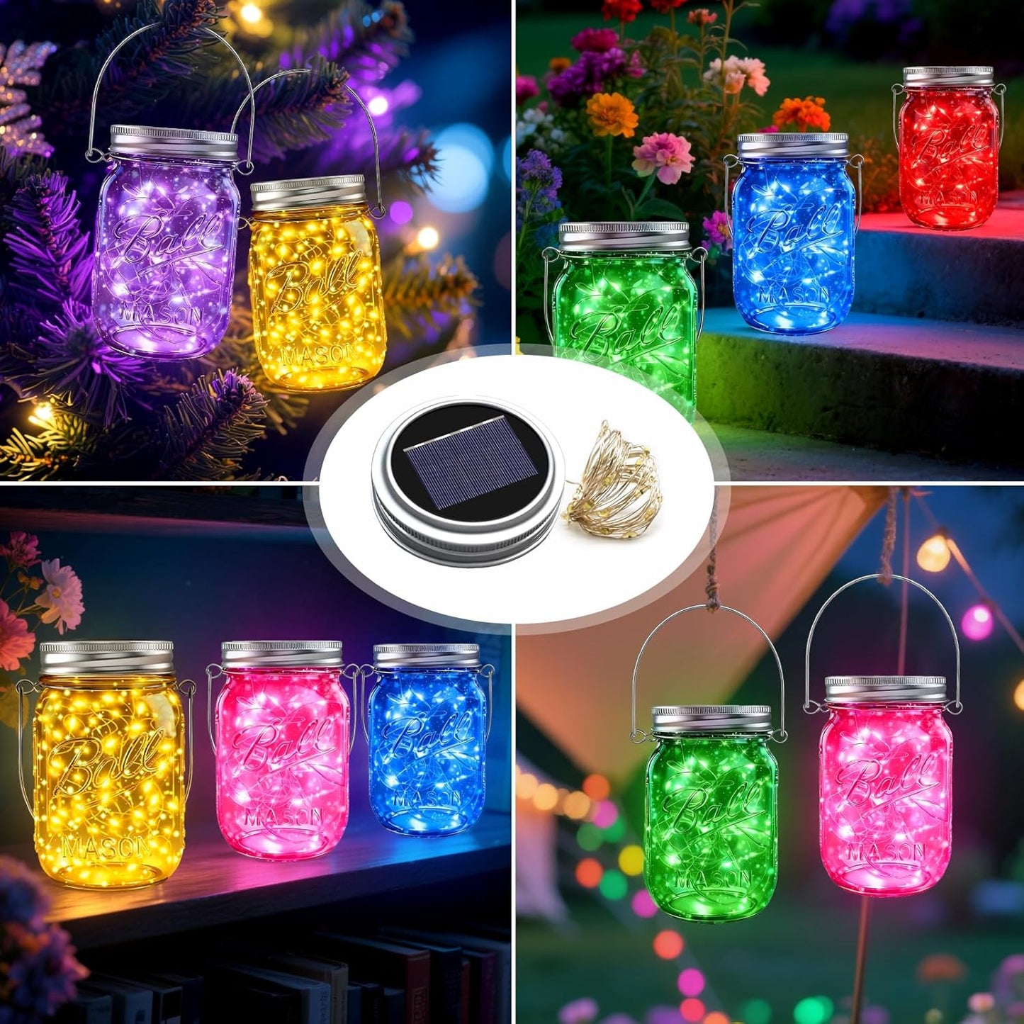 ZNYCYE Mason Jar Solar Lights for Outside, 12 Pack 30LED Fairy Firefly Lights Mason Jar Solar Lids Outdoor Waterproof String Lights with Hangers(NO Jars) for Patio Garden Yard Lawn Decor(6 Colors)-VerdiqueGarden