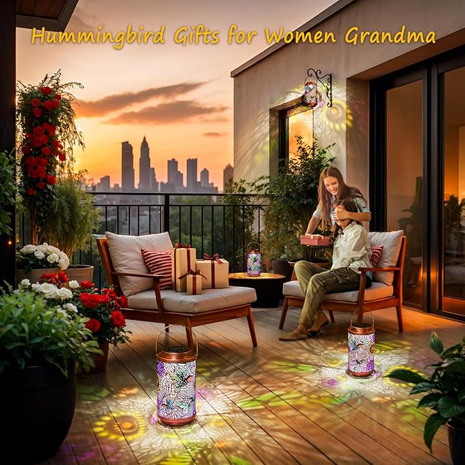 2Pack Solar Lanterns Outdoor Waterproof Hummingbird Gardening Gifts for Women, Multicolor Solar Lights Patio Lantern for Backyard Garden Decor, Porch, Outside, Mothers' Day Gifts for Mom Grandma-VerdiqueGarden