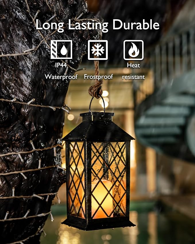 Homemory Solar Lanterns Outdoor Waterproof Hanging with Flickering Flameless Candles, 2 Pack Garden Outdoor Lantern Decorative for Patio Front Porch Backyard Balcony Cabin Outside (Bronze)-VerdiqueGarden
