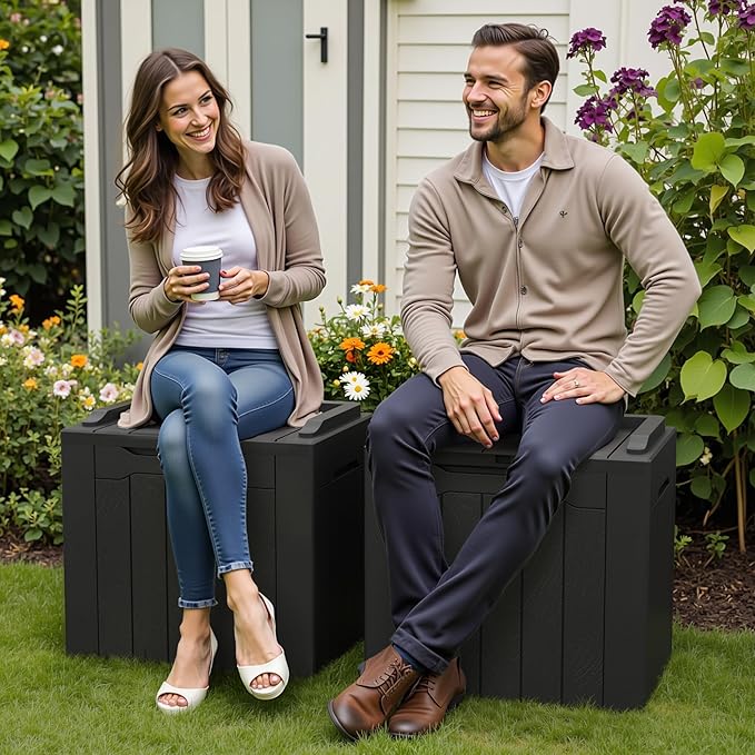 Greesum 31 Gallon Deck Box for Outside, All Weather Outdoor Storage Boxes for Patio Furniture Set, Package Delivery Box, Garden Tools, Black(Set of 2)-VerdiqueGarden