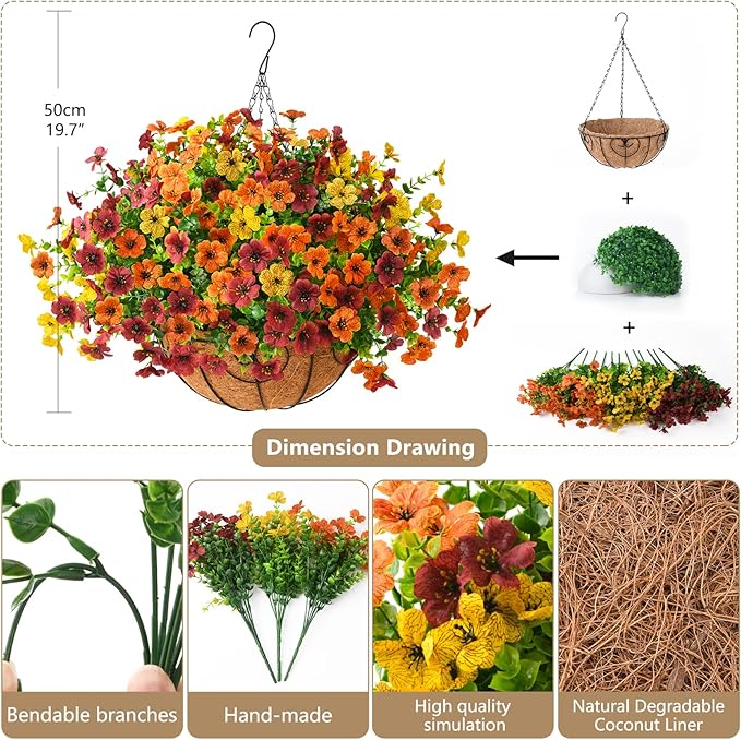 Artificial Fake Hanging Plants Flowers Basket, Faux Silk Daisy in Planter Realistic UV Resistant for Outside Home Patio Balcony Yard Spring Outdoor Decoration (Orange Brown Yellow)-VerdiqueGarden