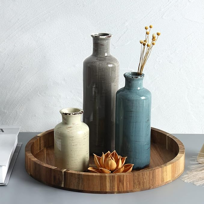 CUCUMI Ceramic Flower Vases Set of 3, Rustic Coastal Home Decor for Farmhouse Shelves, Ocean Beach Style, Mantle, Fireplace, Coffee Table, Shelf for Living Room-VerdiqueGarden