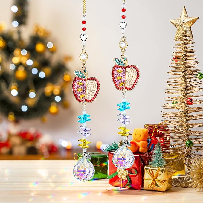 H&D HYALINE & DORA Set of 2 Crystal Sun Catchers Christmas Apple Pendant with Rhinestones, Hanging Colorful Crystal Ball Prism Sun Catcher for Home Wedding Party Christmas Garden Decor-VerdiqueGarden