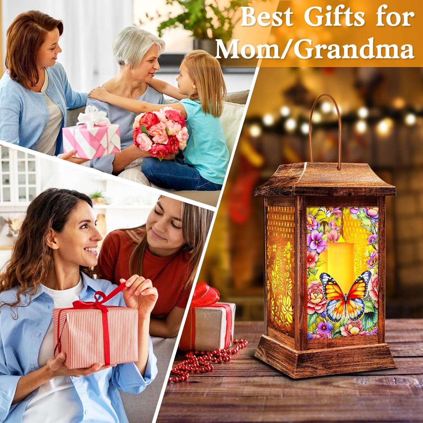 Butterfly Solar Lanterns Outdoor Waterproof, Metal & Glass Hanging Lights Garden Decor, Birthday Gifts for Women Mom Grandma Mothers Day, Decorative Lights for Outside Yard Patio Backyard Porch-VerdiqueGarden