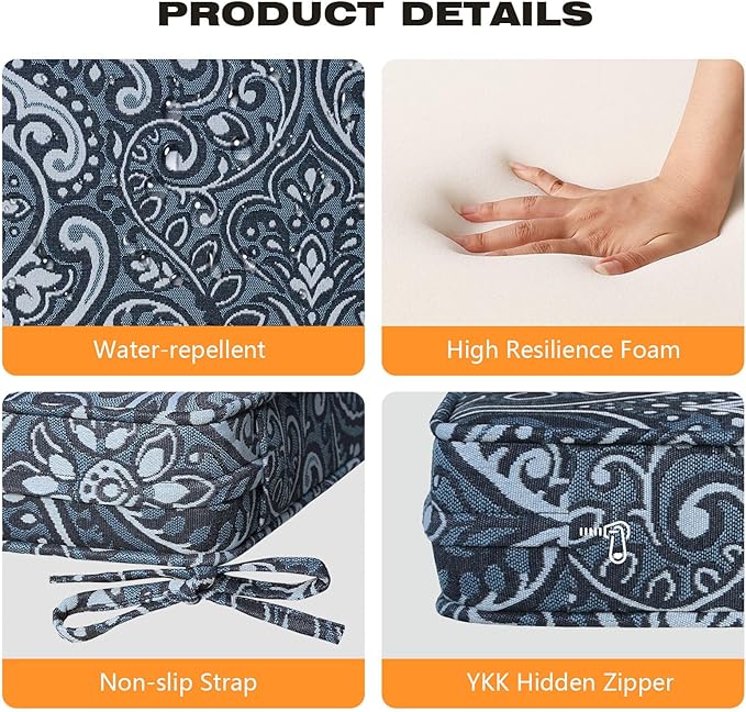 Square Corner Seat Cushions, 18.5" x 16" x 3", Set of 4, Indoor Outdoor Water Repellent Universal Chair Pads with Ties for Patio Furniture, Garden Deck Dining Chairs, Damask Blue Flower-VerdiqueGarden
