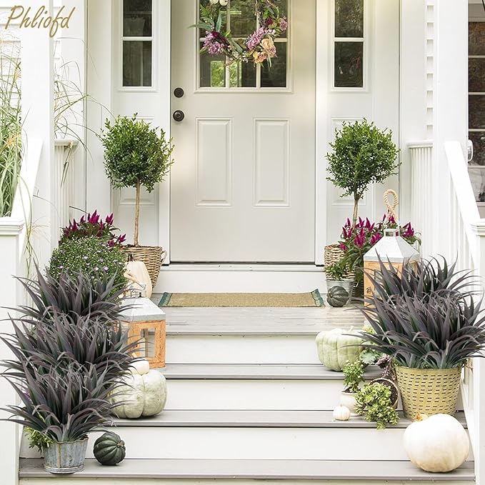 6Pcs Artificial Grass Fake Plants 17.3in Outdoor Plants UV Resistant Faux Greenery Stems Fake Grass for Home Window Garden Office Patio Pathway Front Porch Halloween Décor Green & Black-VerdiqueGarden