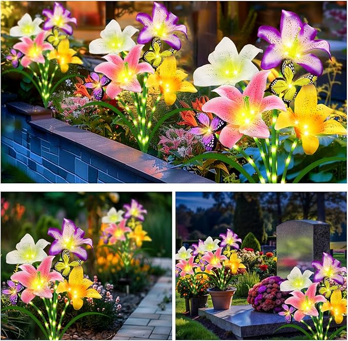 Solar Garden Lights 6 Pack 24 Lily Flowers with Butterfly Decor, Waterproof Solar Flower Lights for Outdoor - Upgraded Decorative Lilies for Yard, Patio, Pathway Decorations & Gardening Gifts-VerdiqueGarden