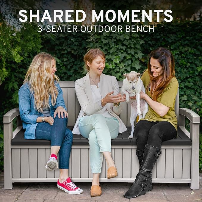 EconoHome 3 Seat Outdoor Storage Bench - 90 Gallon Capacity - Weatherproof Resin Bench for Patio, Porch, Garden, Yard, Pool Area - Furniture for Pool Accessories, Gardening Tools, Toys-VerdiqueGarden