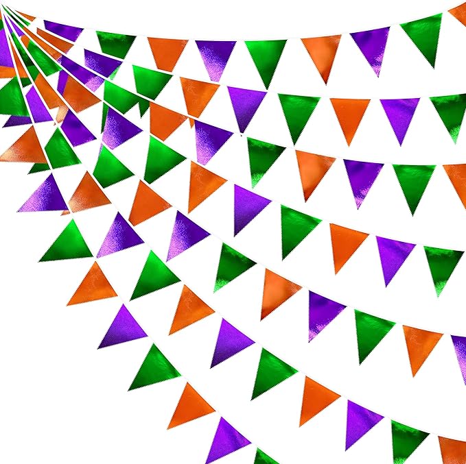 Halloween Party Decorations Metallic Fabric Green Orange Purple Triangle Pennant Banner Flag Bunting for Trick or Treat Spooky Hey Boo Happy Halloween Holiday Birthday Baby Shower Party Supplies-VerdiqueGarden