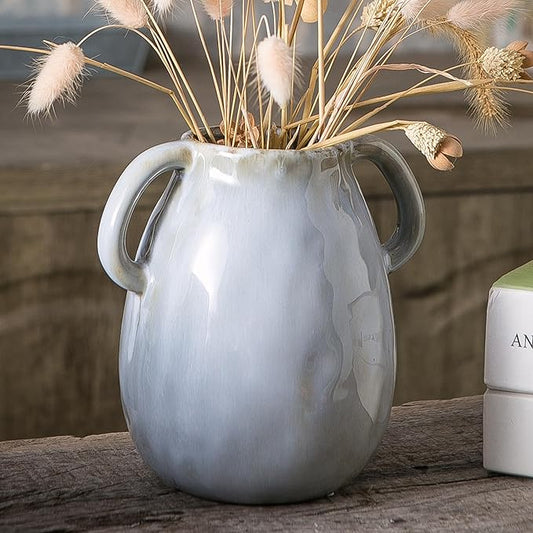 Gray Ceramic Vase with 2 Handles, Modern Farmhouse Decor, Rustic Terracotta Pottery, Decorative Flower Vases, Clay Small Vase, Centerpiece for Dining Table - 7 Inch Tall-VerdiqueGarden