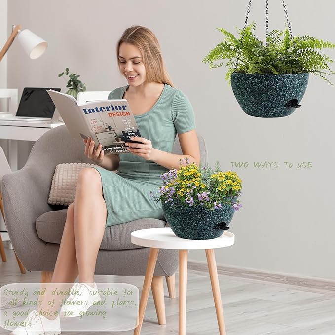 12 Inch Hanging Baskets 2 PC with Chains, Self-Watering Hanging Planters for Indoor Outdoor Plants, Plastic Hanging Flower Pots, Black with Green Speckles-VerdiqueGarden