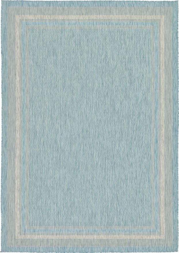 Unique Loom Outdoor Border Collection Area Rug - Soft Border (8' x 11' 4" Rectangle, Aquamarine/ Ivory)-VerdiqueGarden