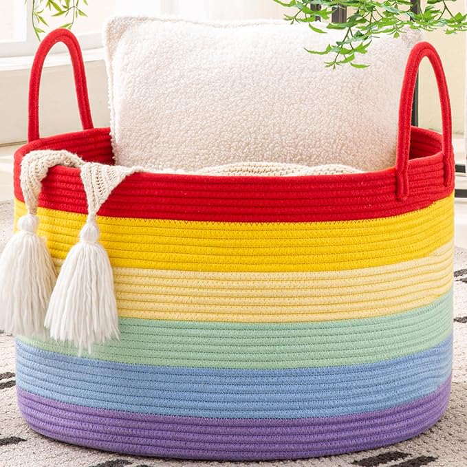 KAKAMAY Large Blanket Basket (20"x13"),Woven Baskets for storage Baby Laundry Hamper, Cotton Rope Blanket Basket for Living Room, Laundry, Nursery, Pillows, Baby Toy chest (Rainbow)-VerdiqueGarden